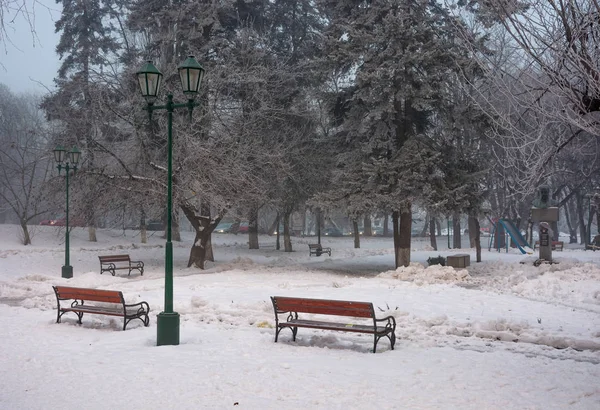 Parque da cidade com bancos e lanterna em hoarfrost — Fotografia de Stock