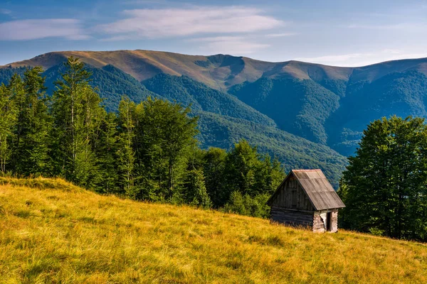 Shed on a grassy slope in mountains — Stock Photo, Image