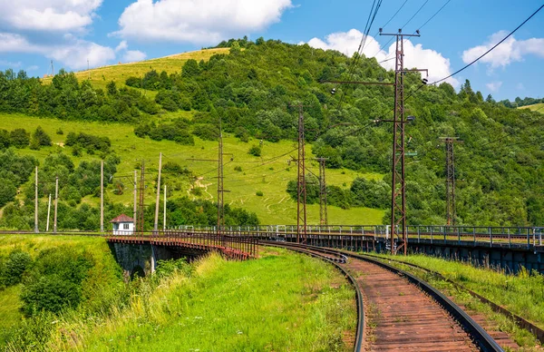 Viaducto del ferrocarril a través de colinas boscosas en verano —  Fotos de Stock