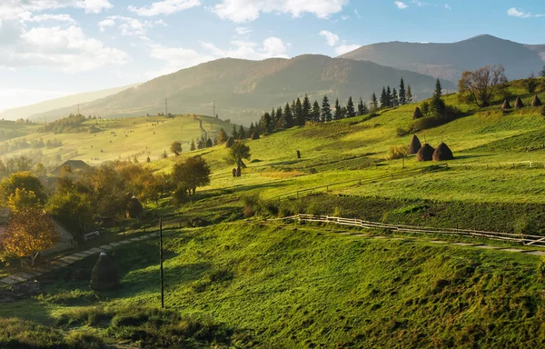 Campos agrícolas en las laderas en la mañana brumosa — Foto de Stock