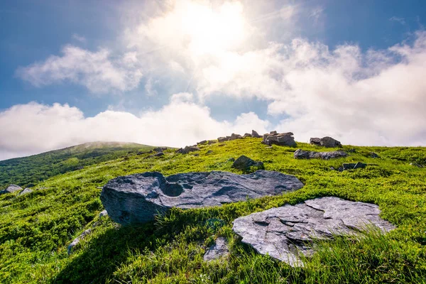 Stenig formation på gräsbevuxen kulle — Stockfoto