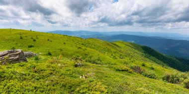 Gökyüzünde bulutlar olan dağlardaki yeşil çayırlar