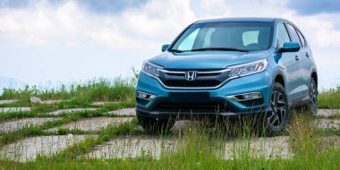 Asfaltlı çayırda mavi bir cip.