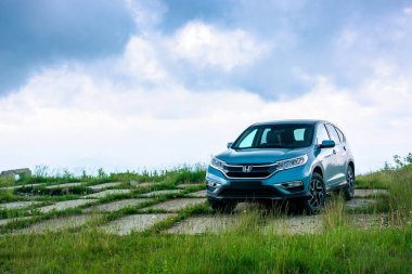 Asfaltlı çayırda mavi bir cip.