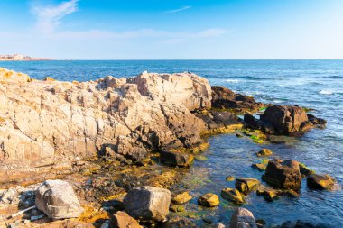 Sabahleyin kayalık deniz kıyısında