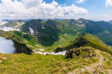 Yüksek dağ sıralarının harika yaz manzarası. Kayaları, otları ve kar lekeleri olan dik yamaçlar. Mavi gökyüzündeki bulutlar. Romanya 'nın İbne Tepesi seyahat kavramını keşfetmek