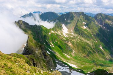 Yüksek dağ sıralarının harika yaz manzarası. Kayaları, otları ve kar lekeleri olan dik yamaçlar. Mavi gökyüzündeki bulutlar. Romanya 'nın İbne Tepesi seyahat kavramını keşfetmek