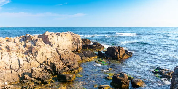 午前中に岩だらけの海の海岸穏やかな晴天 — ストック写真