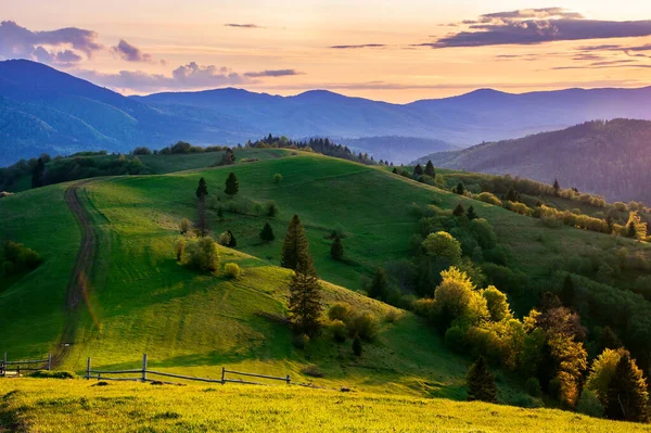 Campo Montañoso Primavera Atardecer Camino Valla Madera Árboles Las Colinas —  Fotos de Stock