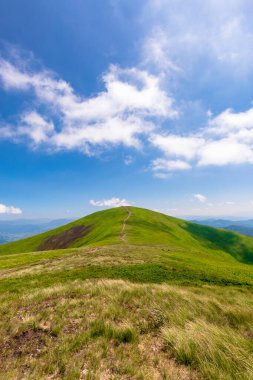Borzhava Dağı 'nın yeşil tepeleri. Mavi gökyüzünün altında, bulutlu çimenli alp çayırları. Karpat Dağları 'nın güzel yaz manzarası. Mahura-Zhyde zirvesi
