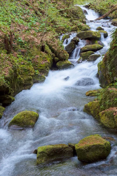 Schneller Wasserfluss Wald Mächtige Strömung Zwischen Den Bemoosten Felsen Schöne — Stockfoto