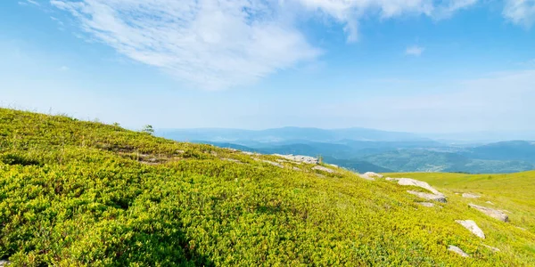 Dağlardaki güzel yaz manzarası. Tepe tarafında yeşil otlak var. Bulutlu mavi gökyüzünün altındaki uzaklığa bak.