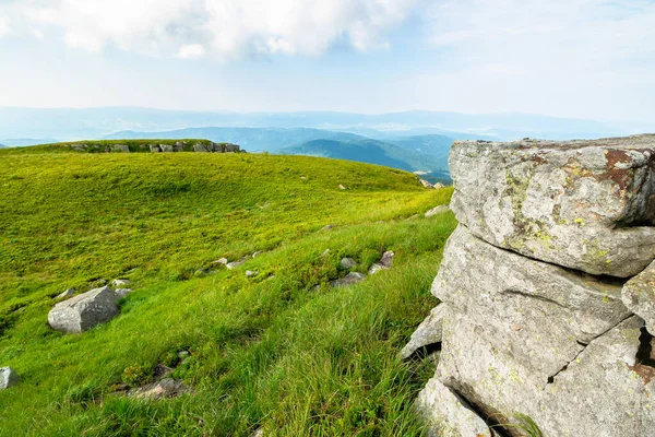 Vackert Sommarlandskap Fjällen Grön Gräsbevuxen Äng Bergssidan Till Fjärran Håll — Stockfoto