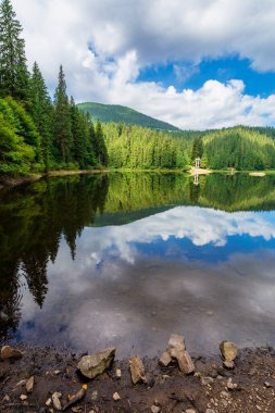 Dağlardaki orman arasında göl manzarası. Yazın güzel dağ manzarası. Synevyr Ulusal Parkı Ukraynalı Karpatların popüler varış yeridir. Sakin su yüzeyine yansıyan bulutlar