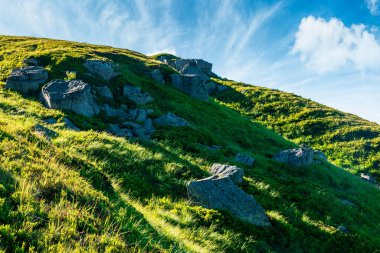 Dağlardaki güzel yaz manzarası. Tepe tarafında yeşil otlak var. Bulutlu mavi gökyüzünün altındaki uzaklığa bak.