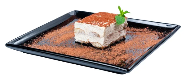 Bolo Tiramisu Uma Chapa Preta Saborosa Sobremesa Italiana Decorada Com — Fotografia de Stock