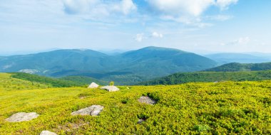 Dağlardaki güzel yaz manzarası. Tepe tarafında yeşil otlak var. Bulutlu mavi gökyüzünün altındaki uzaklığa bak.