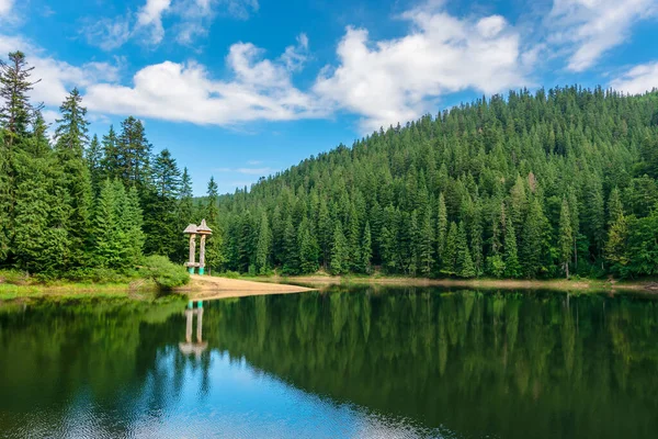 山の中の森の中の湖の風景 夏の美しい高山の風景 Synevyr国立公園は ウクライナのカルパティアの人気のある目的地です 穏やかな水面に映る雲 — ストック写真