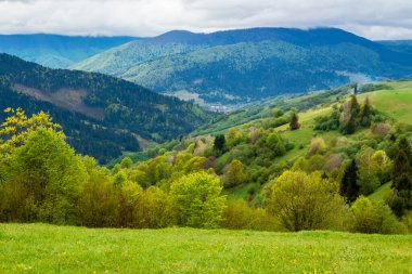 Dağlık arazinin güzel kırsal manzarası. İlkbaharda bulutlu bir günde kırsal bir manzara