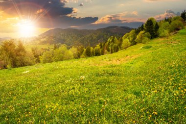 Gün batımında dağlarda güzel kırsal alan. İlkbaharda akşam ışığında bulutlu bir havada kırsal manzara