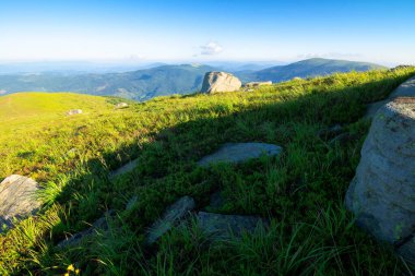 Çimenli bir tepede kocaman kayalar var. Karpat Dağları 'nın güzel yaz manzarası. Mavi gökyüzündeki bulutlar. Dünya konseptini keşfetmek