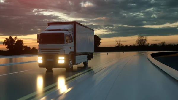 Witte vrachtwagen levering op asfalt weg snelweg bij zonsondergang - vervoer achtergrond. 3d destructie — Stockfoto