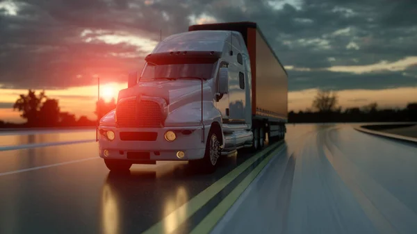 Semi trailer. Vrachtwagen op de weg, snelweg. Vervoer, logistiek concept. 3d destructie — Stockfoto