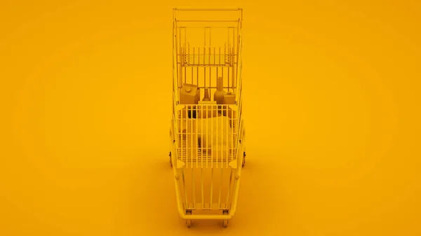 Bevásárlókocsi sárga háttérrel. 3d illusztráció — Stock Fotó