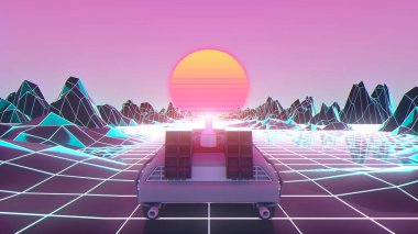 Cyberpunk car in 80s style moves on a virtual neon landscape. 3d illustration