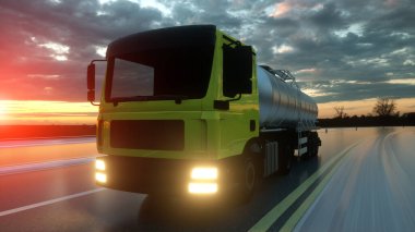 Benzin tankeri, petrol treyler, kamyon karayolu üzerinde. Çok hızlı araba. 3D render