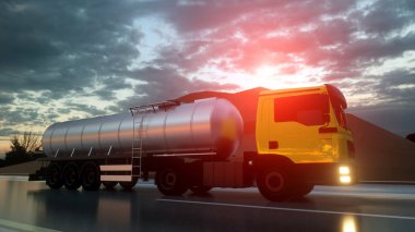 Benzin tankeri, petrol treyler, kamyon karayolu üzerinde. Çok hızlı araba. 3D render
