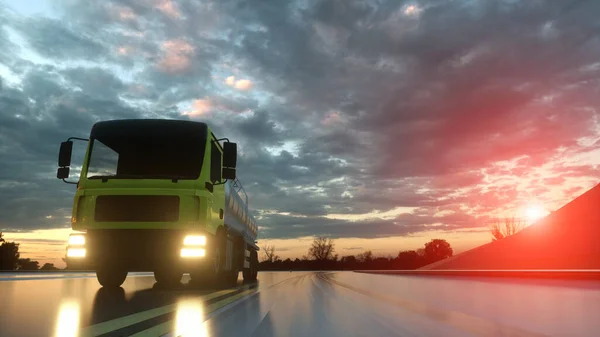 Tanque de gasolina, reboque de petróleo, camião na auto-estrada. Uma condução muito rápida. Renderização 3d — Fotografia de Stock