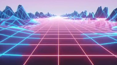 Şebeke üzerinde geçmişe dönük fütürist uçuş, pürüzsüz arka plan 80 'ler retro fantezi