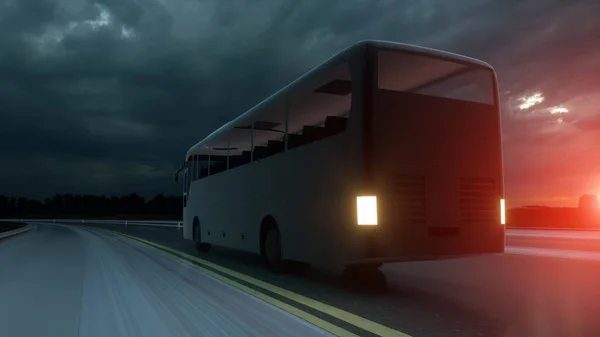 旅行概念。 在路上的白色旅游巴士。 3d渲染 — 图库照片
