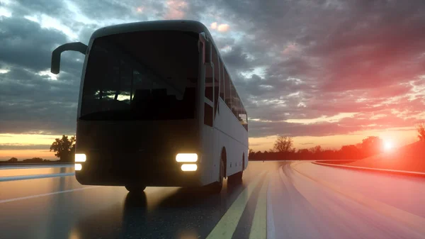 Touristic bus on highway. Transport and travel concept. 3d rendering — 스톡 사진