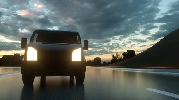 Schneller Lieferwagen auf der Autobahn. 3D-Darstellung — Stockfoto