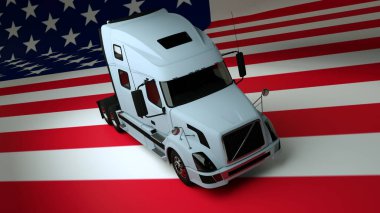 Usa Lojistik Konsepti. Usa Flag arka planında beyaz yarı kamyon. 3d Hazırlama
