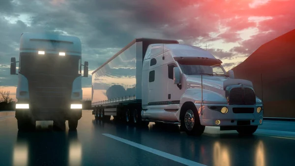 Zwei weiße Lastwagen auf der Straße, Autobahn. Transporte, Logistikkonzept. 3D-Darstellung — Stockfoto