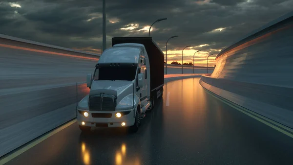 Semi trailer. Truck on the road, highway. Transports, logistics concept. 3d rendering