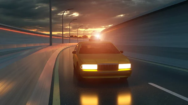 Yellow taxi rides on the road, highway. 3D illustration — 스톡 사진