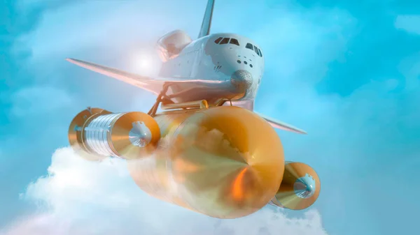 Ônibus espacial voando sobre as nuvens. ilustração 3d — Fotografia de Stock