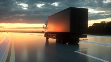 Kargo kamyonu yolda, otoyolda. Ulaşım, lojistik konsept. 3d oluşturma