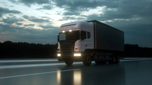 Delivery truck on asphalt road highway at sunset - transportation background. 3d rendering — Stock Photo, Image