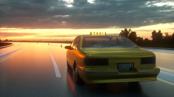 Taxi giallo cavalca l'autostrada. Illustrazione 3D — Foto Stock