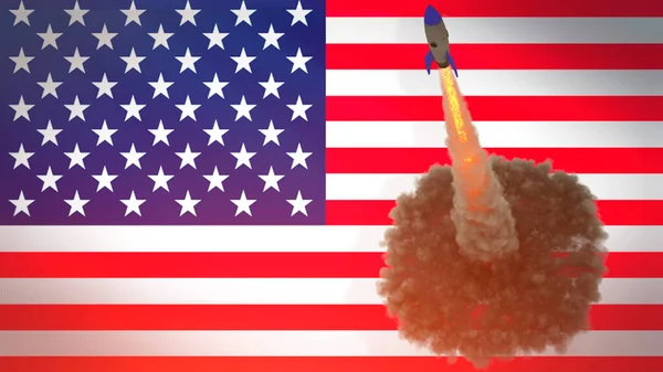 Lancio del razzo sullo sfondo della bandiera USA. Programma spaziale americano, rendering 3D — Foto Stock