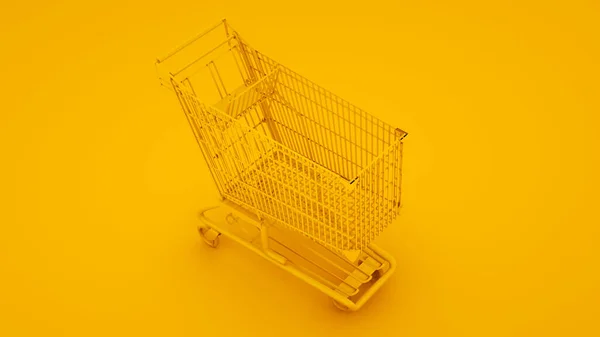 Bevásárlókocsi sárga háttérrel. 3d illusztráció — Stock Fotó