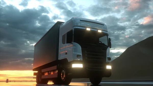 Szállító teherautó aszfalt közúti autópályán naplementekor - szállítási háttér. 3D-s renderelés — Stock Fotó