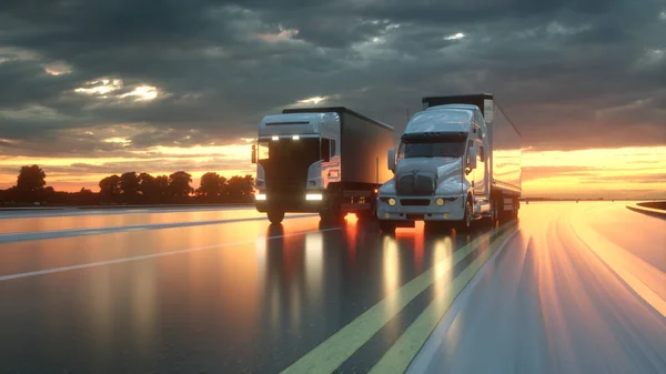 Zwei Lastwagen auf der Straße, Autobahn. Transporte, Logistikkonzept. 3D-Darstellung — Stockfoto