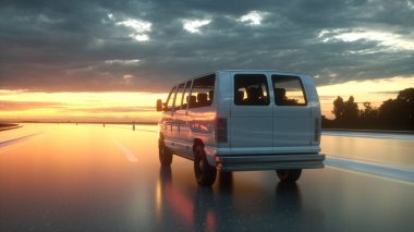 Otobandaki beyaz minibüs. Ulaşım ve lojistik konsept. 3d Görüntü
