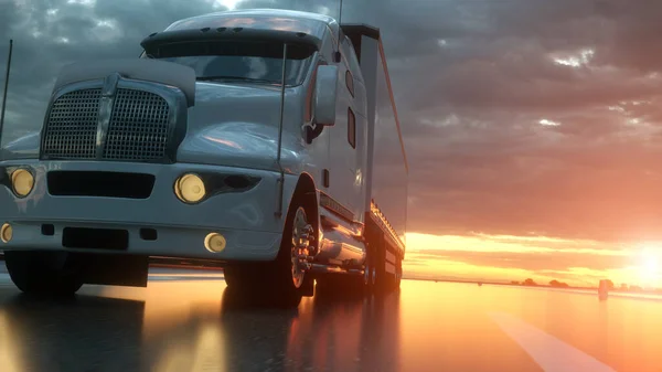 Напівпричіп. Вантажівка на дорозі, шосе. Транспорт, концепція логістики. 3D візуалізація — стокове фото